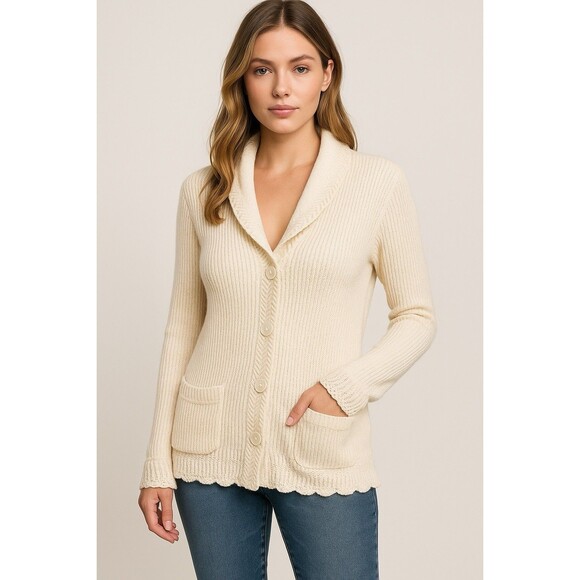 RALPH LAUREN Womens Cardigan Sweater L 100% Linen Creme Button Down  Bohemian - Picture 1 of 16